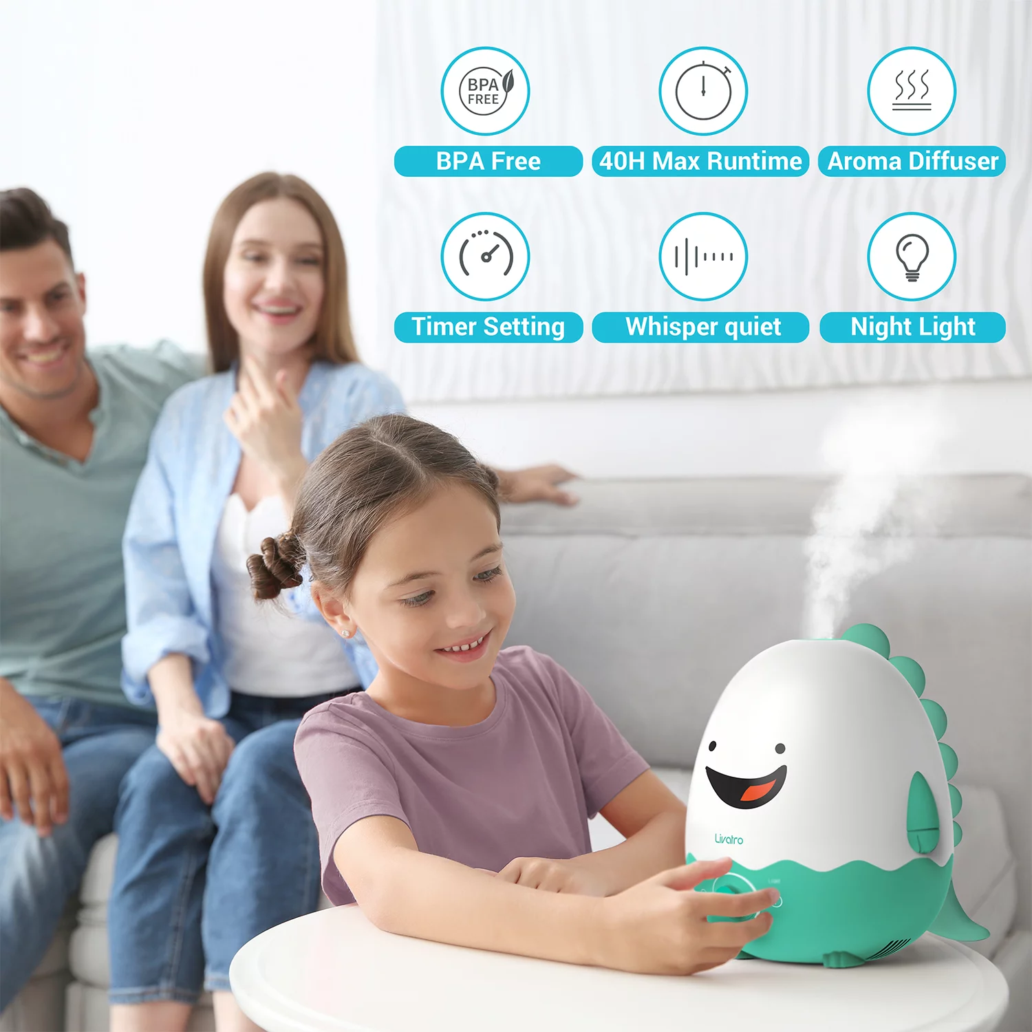 Livatro Cool Mist Humidifier for Bedroom - Quiet, BPA FREE for Kids, Ultrasonic with Diffuser, Night Light, Timer, Auto-Shut Off, Last up to 40Hours, Dinosaur Design with Fun Stickers