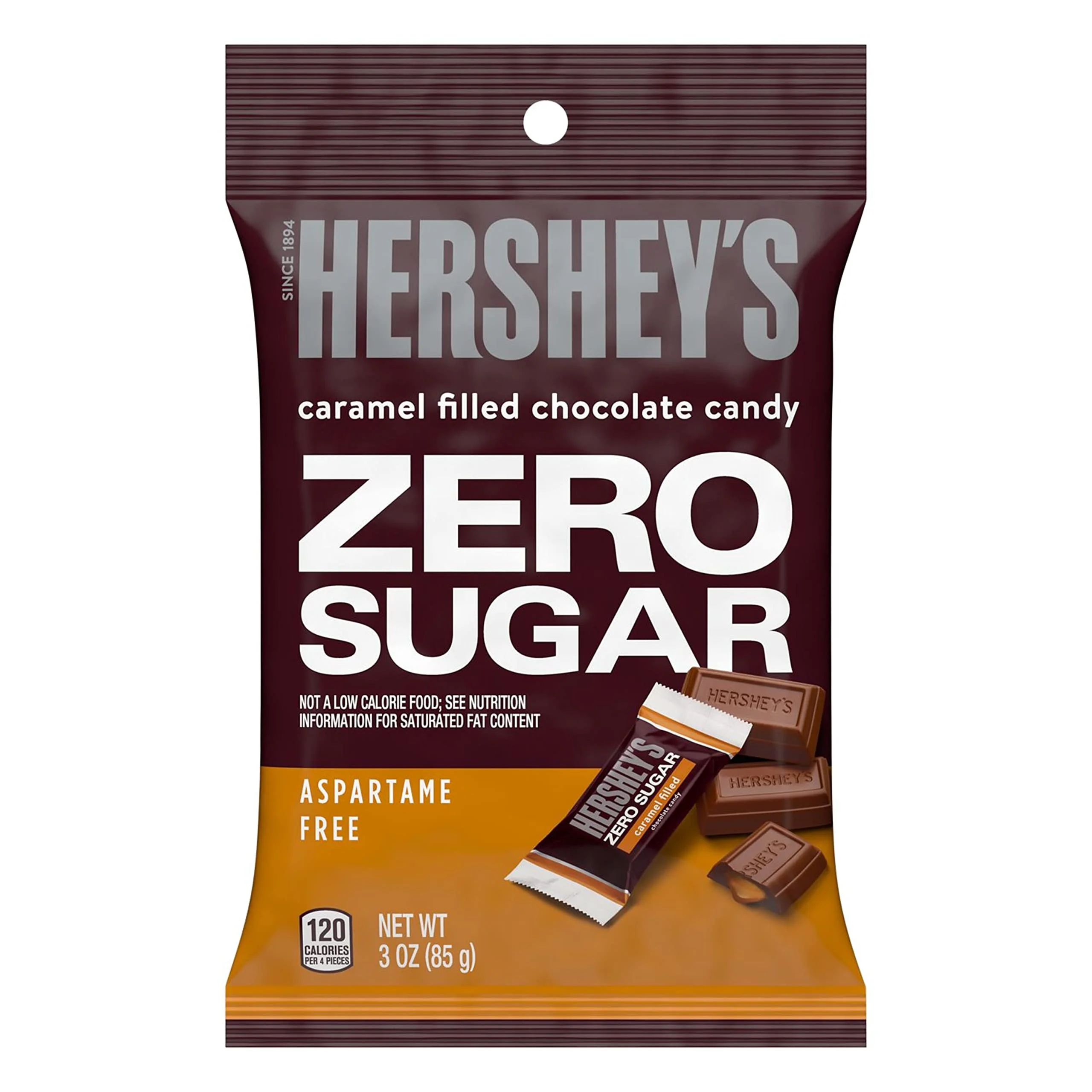 Hershey,S Zero Sugar Caramel Filled Chocolate Candy Bags, 3 Oz (12 Count)