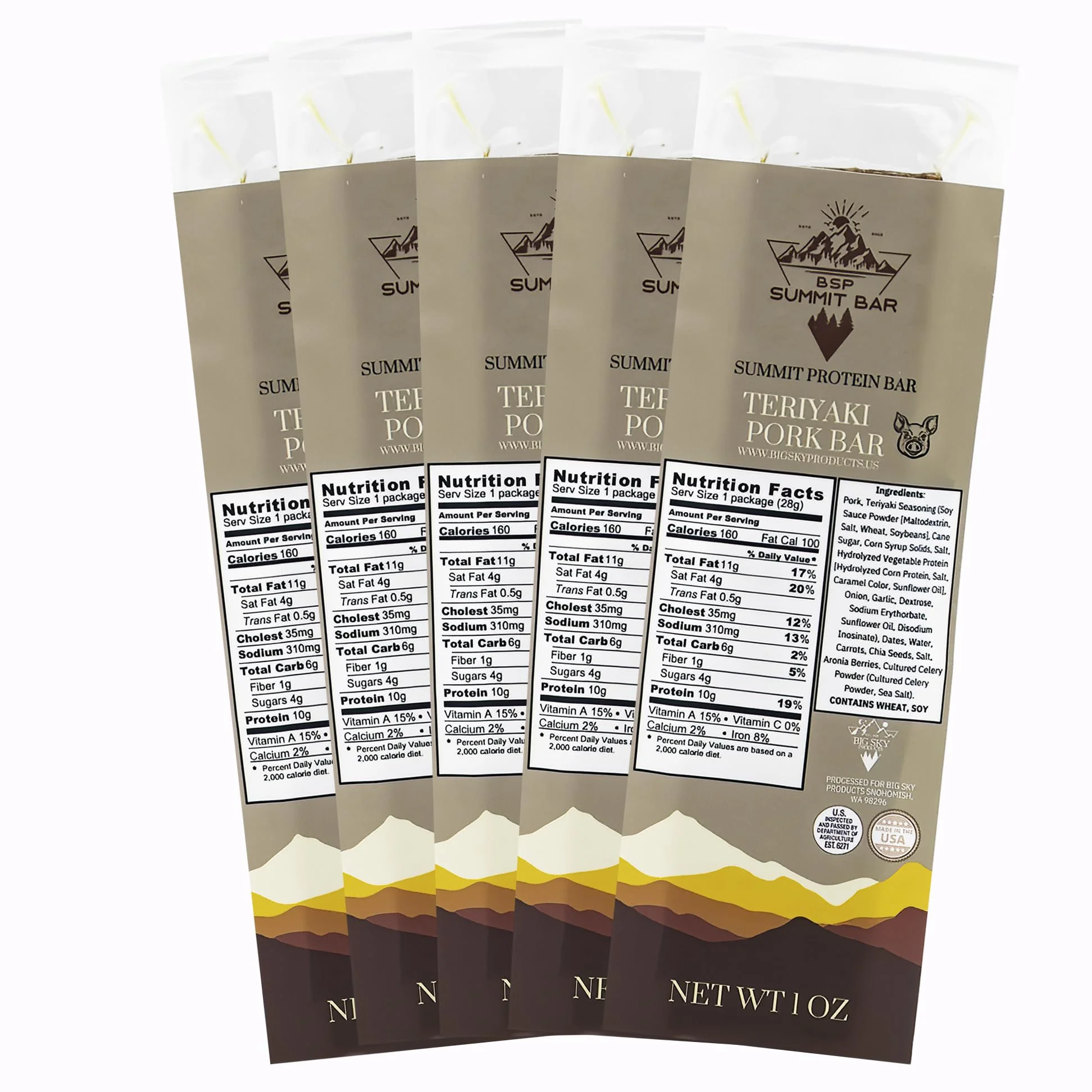 SUMMIT BAR High Protein Meat Bars, Teriyaki Pork, Healthy Snacks for Adults, Protein Bar Made with Organic Fruit and Vegetables and Quality Meat, Individually Wrapped, 10 g, 5 Pack