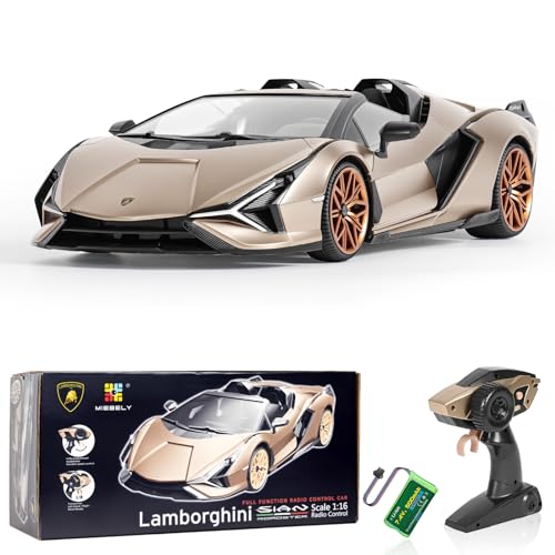 MIEBELY Lamborghini Remote Control Car, 1:16 Scale Lambo Toy Car 7.4V 500mAh Officially Licensed 12Km/h Rc Cars with Led Light 2.4Ghz Model Car for Adults Boys Girls Birthday Ideas Gift (Champagne)