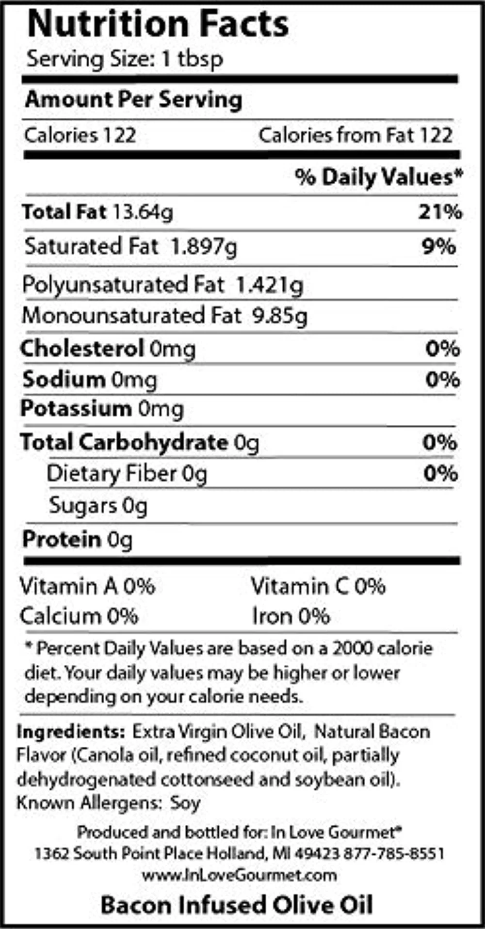 In Love Gourmet Bacon Natural Flavor Infused Olive Oil 500ml-16.9oz Best Bacon Oil Choice for Meats, Veggies, Popcorn & Breads