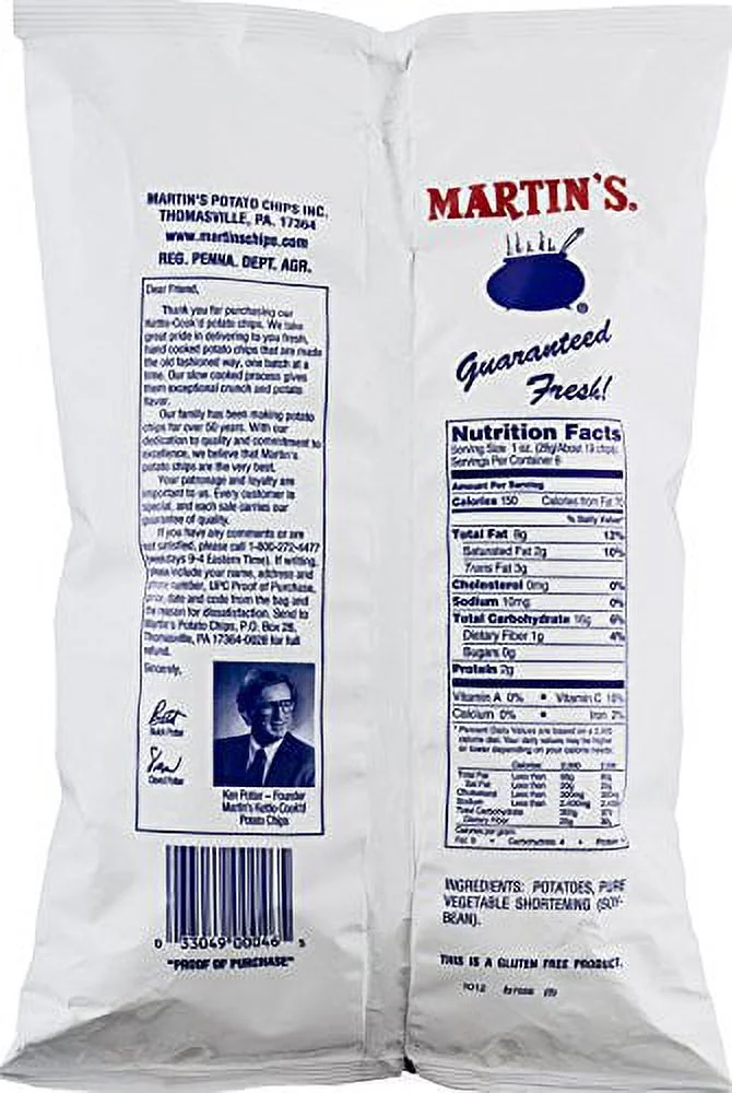 Martin's Kettle-Cook'd No Salt Added Potato Chips 8 Ounces (3 Bags)