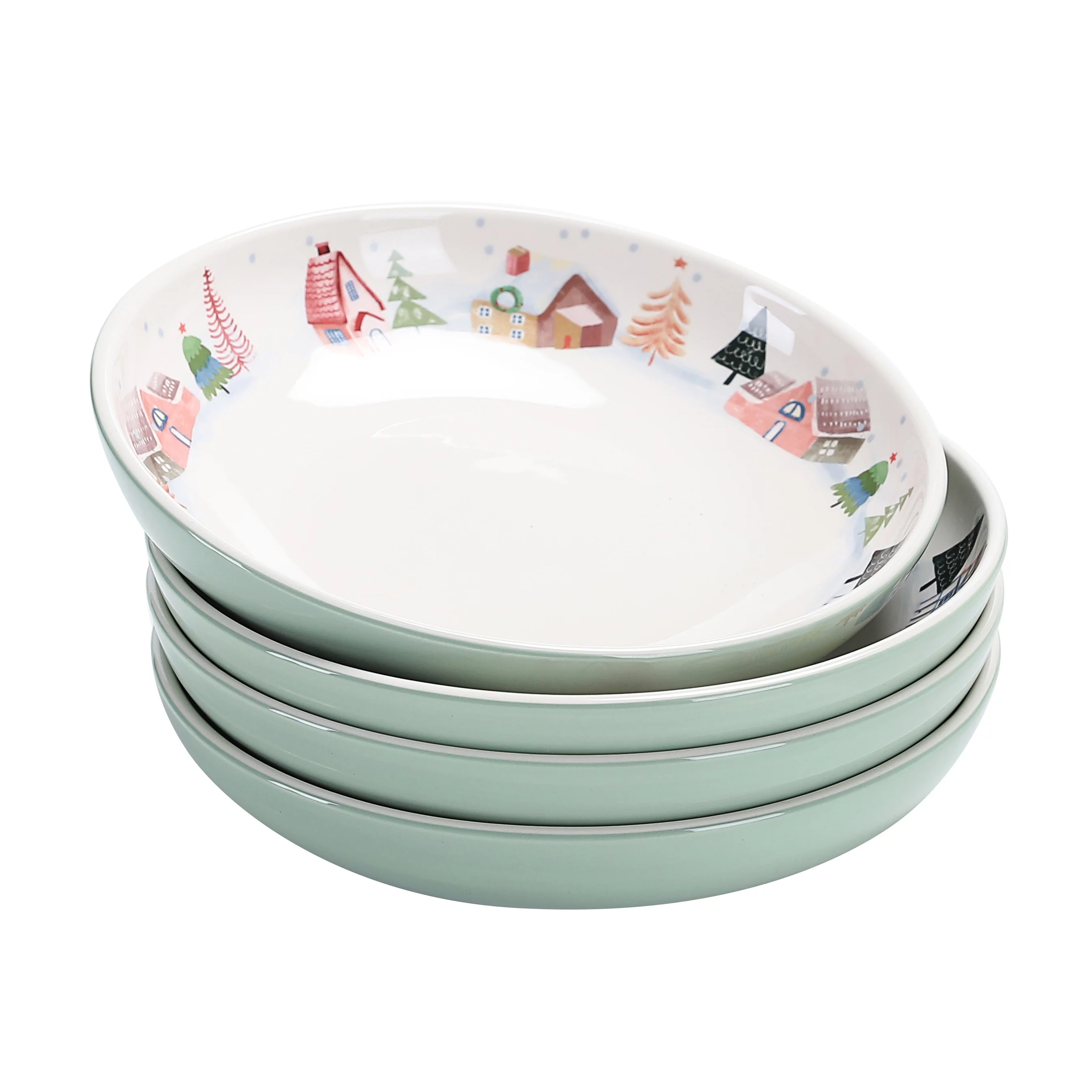 Bico Nordic Village Ceramic 35oz Dinner Bowls, Set of 4, for Pasta, Salad, Cereal, Soup & Microwave & Dishwasher Safe