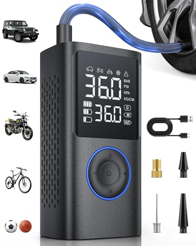 Tire Inflator Portable Air Compressor, 150 PSI Cordless Bike Pump, Air Pump for Auto, Motorcycle, Bicycle, Balls with Pressure Gauge, LED Light & Car Accessories, Black, Medium