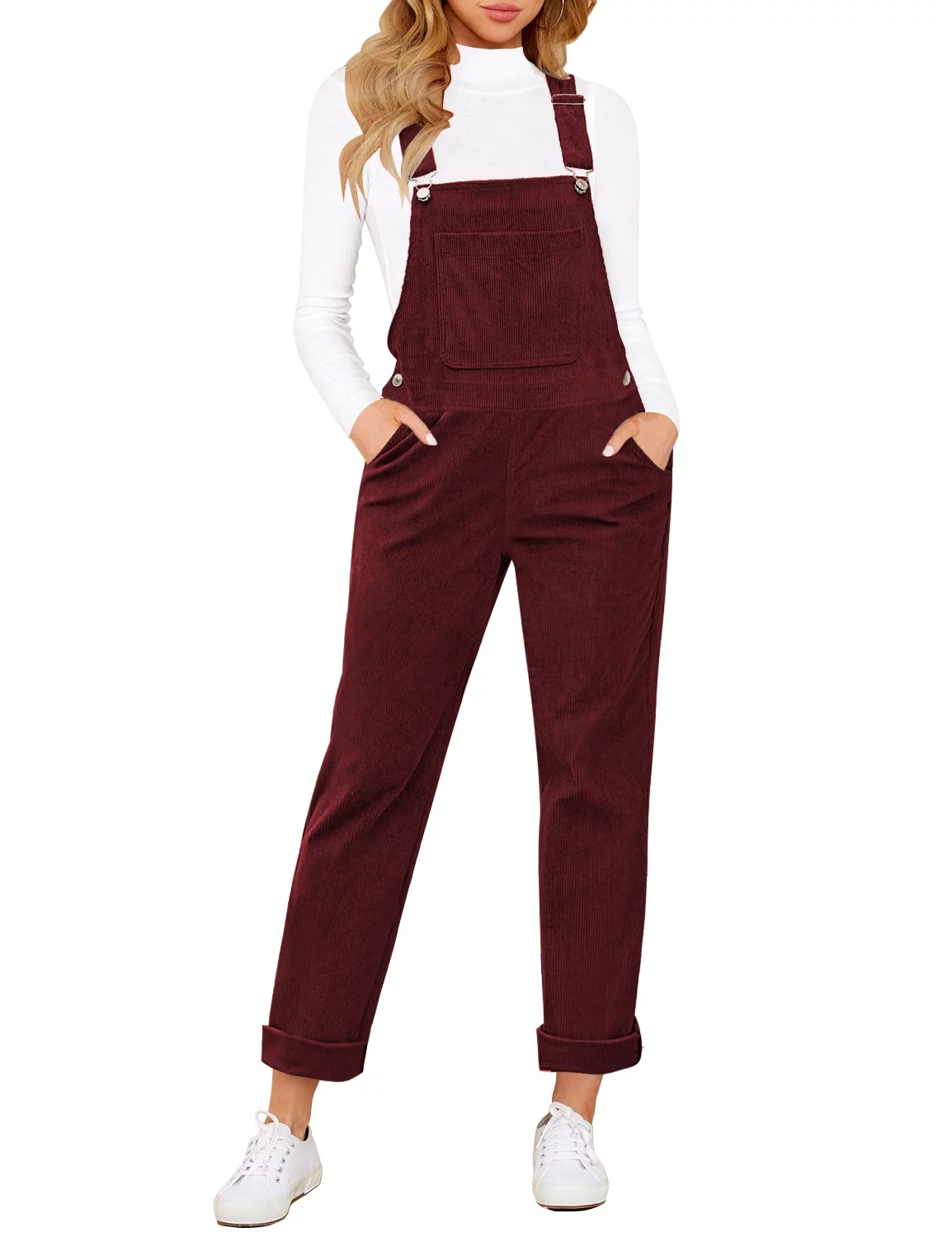 Vetinee Women's Corduroy Overalls Basic Adjustable Straps Pockets Overalls Jumpsuits Tawny Port Size M Fit Size 8 Size 10