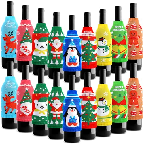 18 Pcs Christmas Bottle Covers Christmas Knit Sweater Bottle Thermocoolers Holiday Party Bottle Sleeves for Cans Soda Beverages for Christmas Holiday Party Favors Supplies