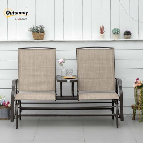 Outsunny Outdoor Glider Bench with Center Table, Metal Frame Patio Loveseat with Breathable Mesh Fabric and Armrests for Backyard Garden Porch, Beige