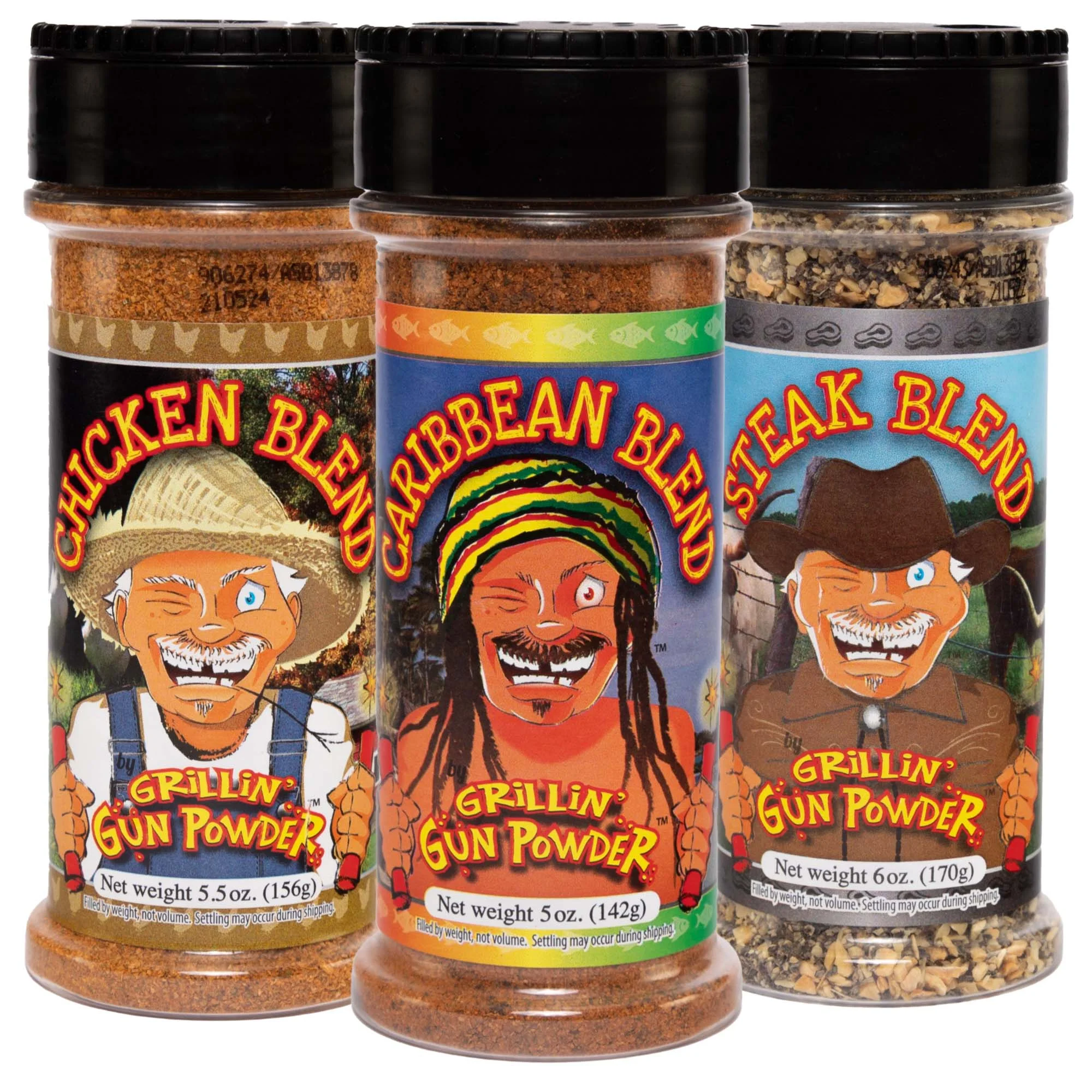 Grillin' GunPowder Seasoning Pack of Caribbean 5oz, Steak 6oz,Chicken 5.5oz