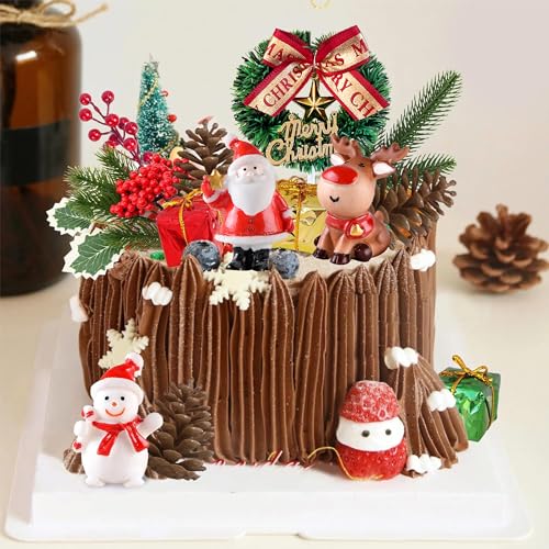 14PCS Christmas Cake Topper Merry Christmas Cake Decorations with Deer Santa Pine Tree for Xmas Winter Holiday Cake Decor Party Supplies (Gold)