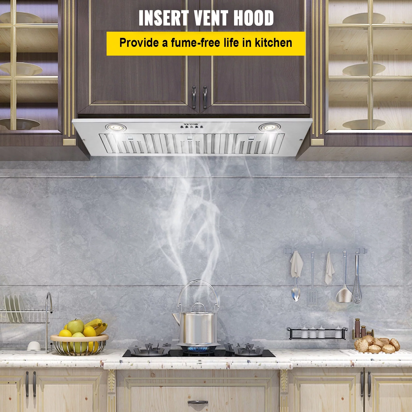 VEVOR Insert Range Hood, 800CFM 3-Speed, 36 inch Stainless Steel Built-in Kitchen Vent Hood with Push Button Control LED Lights Dishwasher-Safe Filters, Ducted/Ductless Convertible, ETL Listed