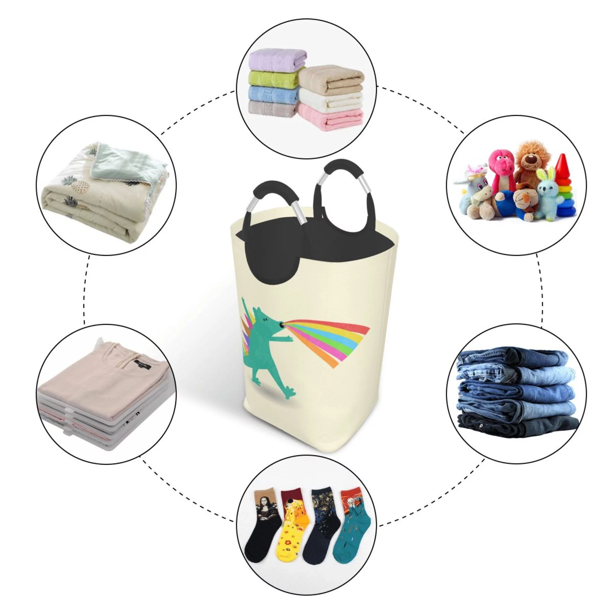 TEQUAN 50L Large Rectangular Laundry Hamper with Aluminum Handles, Funny Beast Dinosaur Prints Waterproof Foldable Dirty Clothes Basket