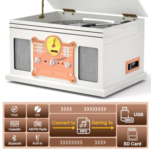 10 in 1 Vintage Bluetooth Record Player Turntable with Built-in Speakers, Vinyl Turntable CD Cassette Player & AM/FM Radio Combo Multimedia Center, USB Recording, RCA Out AUX in, White Wood