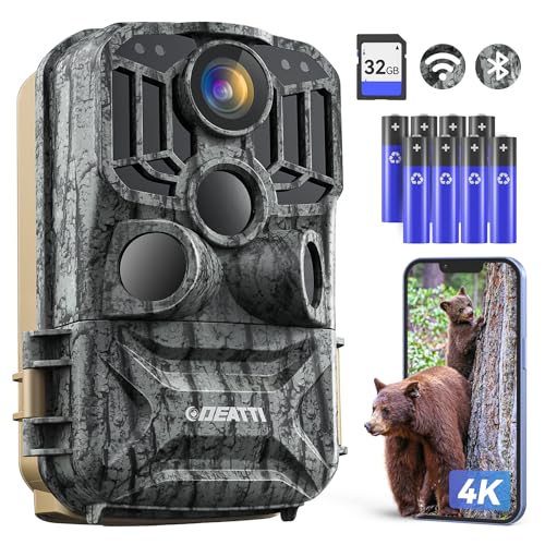 DEATTI Trail Camera 48MP 4K Game Camera with 8 Batteries 32G SD Card,WiFi Bluetooth Connection,Trail Cameras with Night Vison Motion Activated Waterproof for Wildlife Deer Outdoor 0.1s Trigger Time
