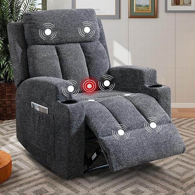 Phoenix Home Manual Recliner Chair with Massage and Heat Ergonomic Overstuffed Breathable Fabric Reclining Chair with 2 Side Pockets, 2 Cup Holders, Remote Control, Living Room, Bedroom, Gray