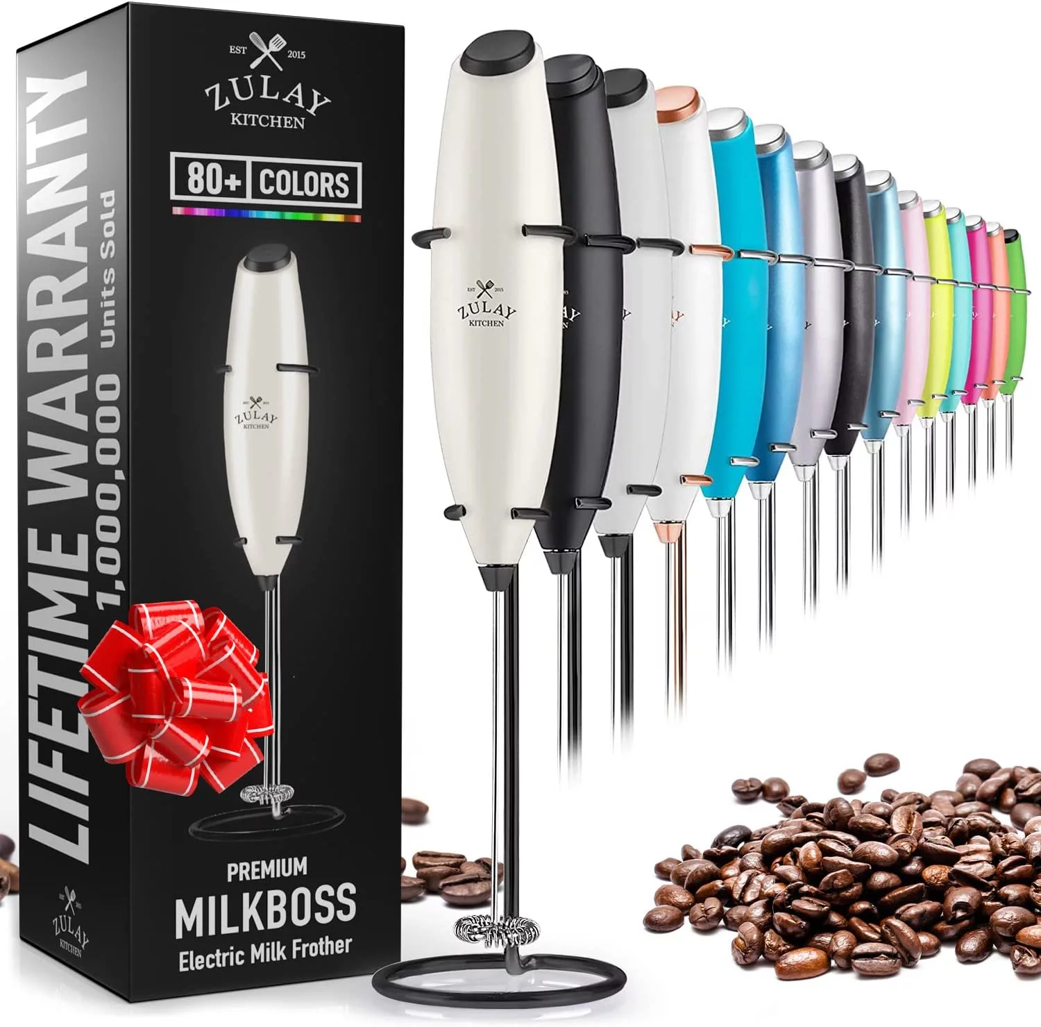 Zulay Kitchen Milk Frother with Stand Handheld Electric Whisk for Coffee Latte and Matcha Exec Gray with Black Stand