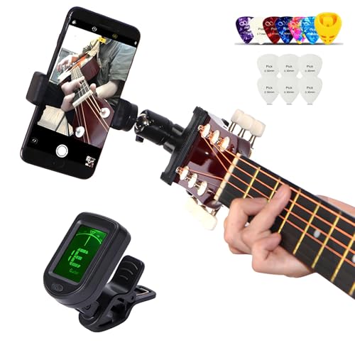 Guitar Accessories for Beginners - 1 Ukulele Bass Guitar Phone Holder for Live Broadcast Video Recording,1 Guitar Capo, 1 Tuner With Free Picks