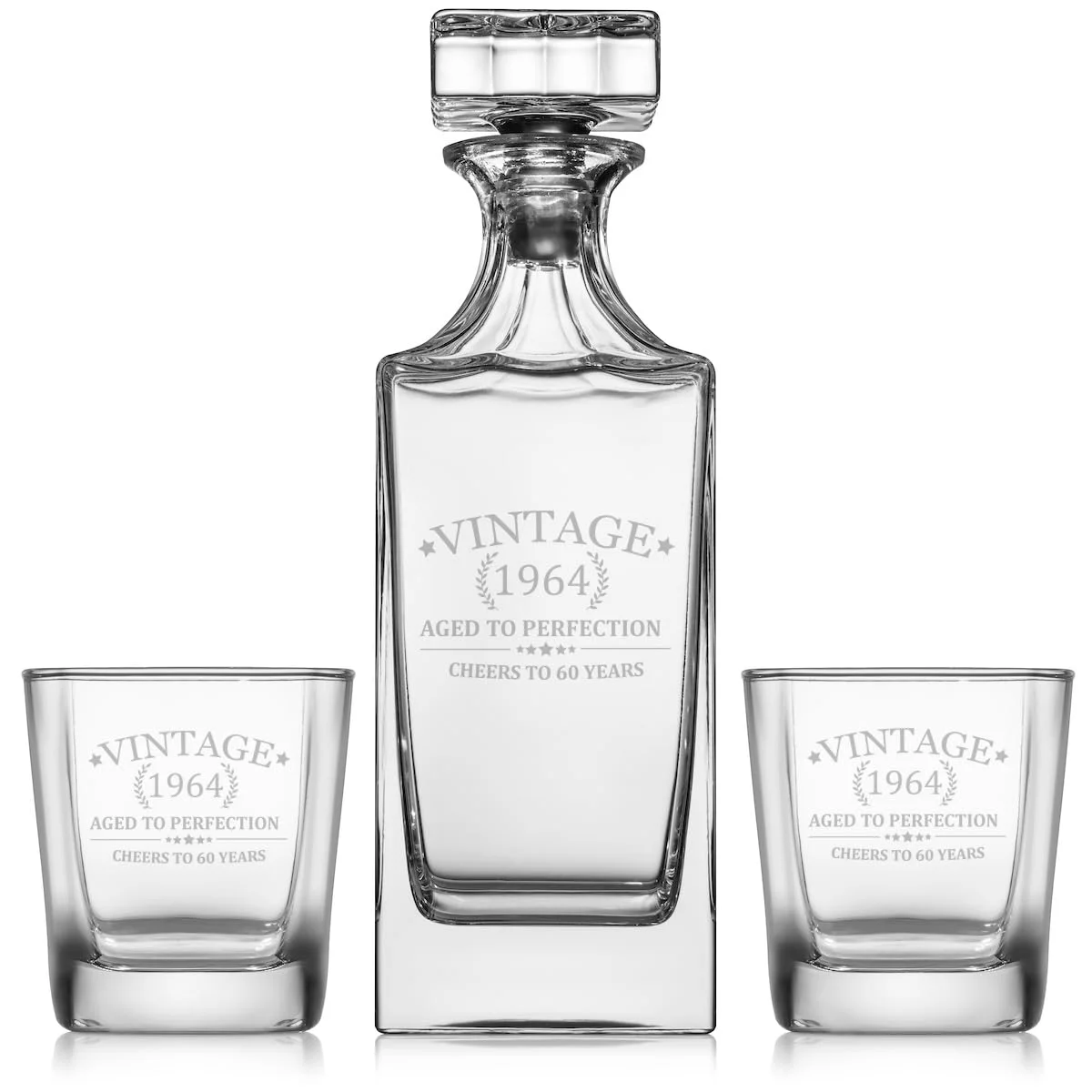 Whiskey Decanter Gift Set With 2 Whiskey Old Fashioned Rocks Glasses Cheers To 60 Years Vintage 1964 60th Birthday