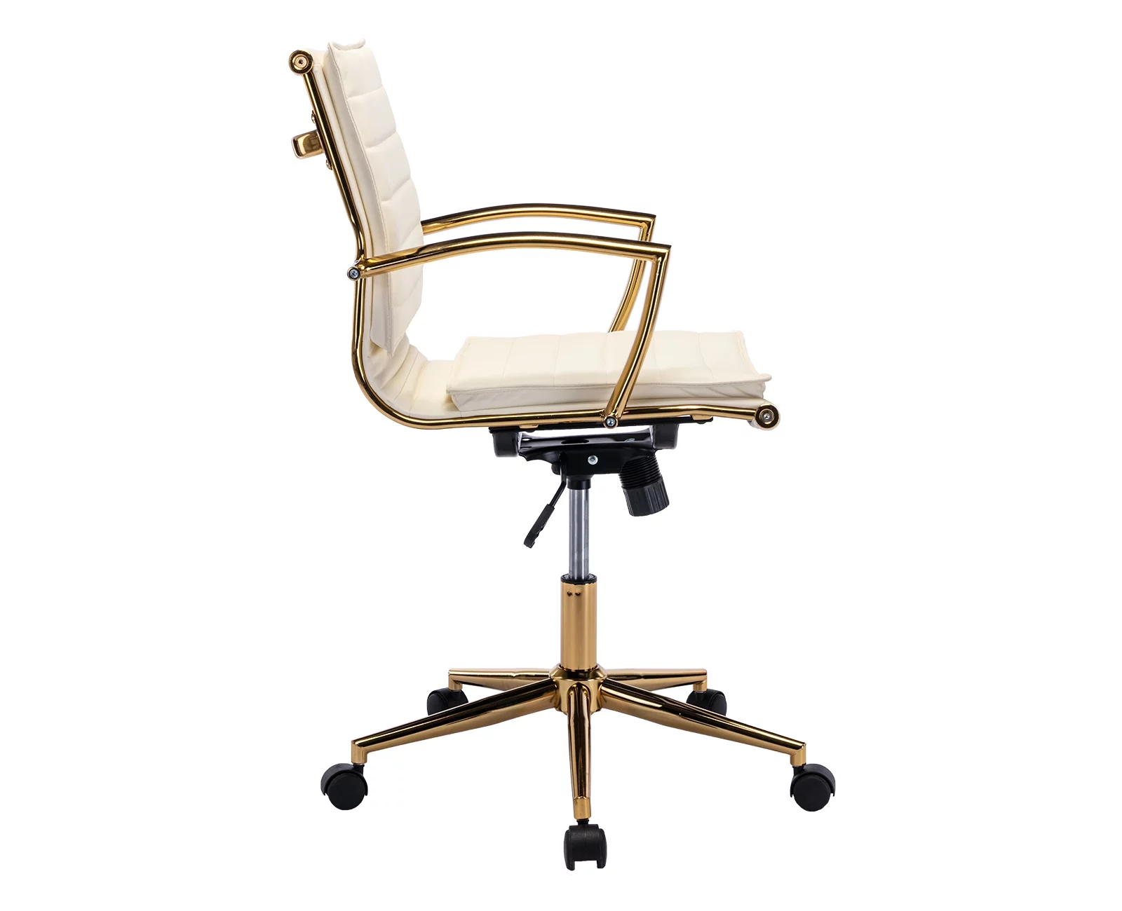 Guyou Faux Leather Swivel Office Chair, Modern Wide Seat Adjustable Height Computer Desk Chair with Backrest and Wheels, Ergonomic Task Chair Conference Chair with Armrests and Gold Metal Base, Beige