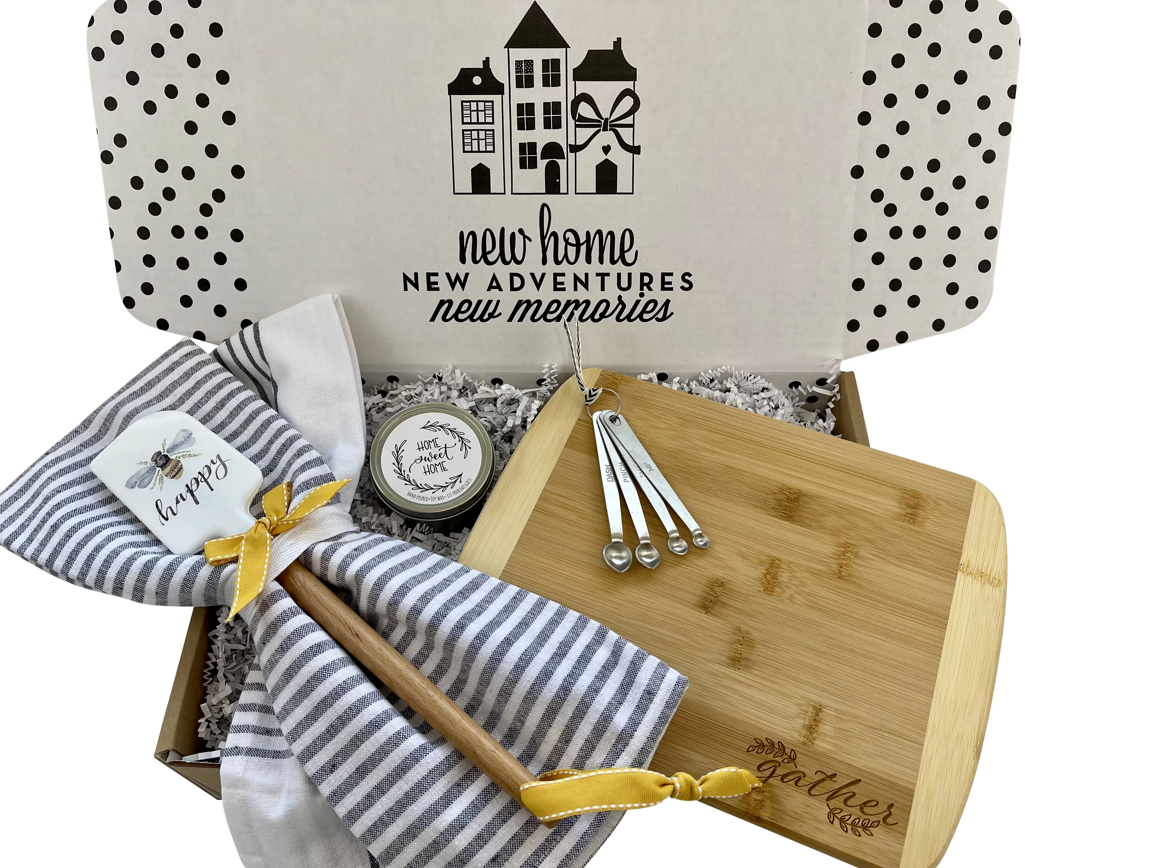 Unique House Warming New Home Gift Basket with Cutting Board Spoons Candle and More