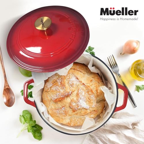 Mueller 6qt Enameled Cast Iron Dutch Oven, Heavy-Duty Casserole and Braiser Pan with Lid and Knob, Oven-Safe up to 500° F & Across All Cooktops, White