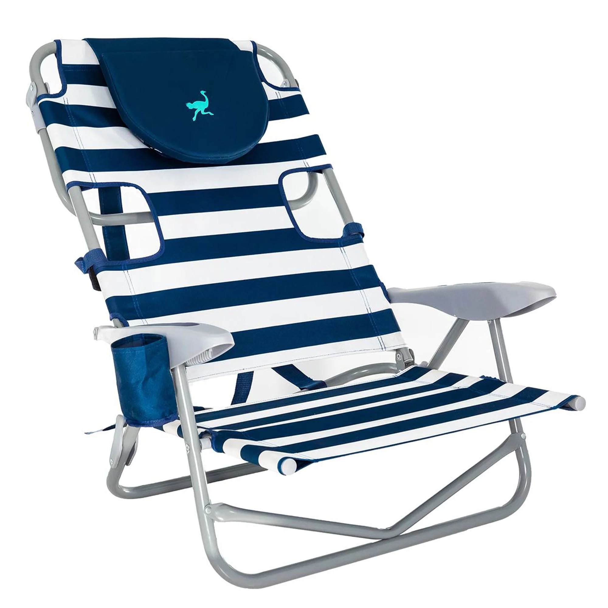 Ostrich 3N1 Reclining Beach Chair & On-Your-Back Beach Chair, Striped Blue