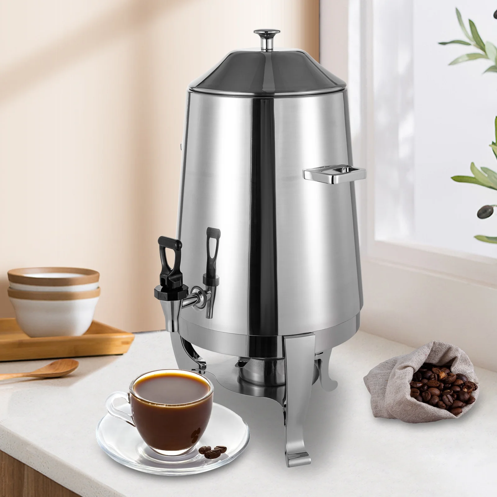 Hot Beverage Drink Dispenser Can, Electric Coffee Urn with Fuel Holder 2-Way Continuous Heating, Tea Water Coffee Chafer Urn with Spigot for Parties Buffet Catering 13L/3.4 Gallon Stainless Steel