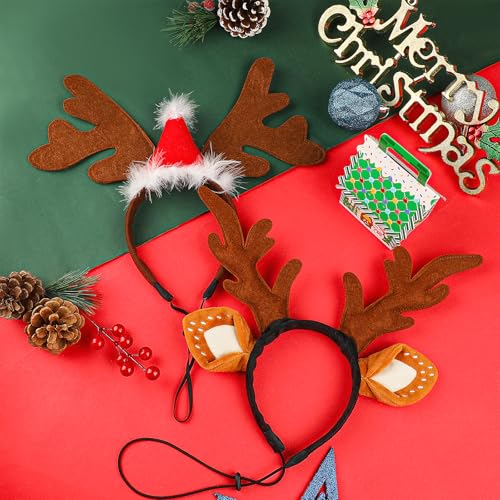 2 PCS Dog Elk Reindeer Antler Headband with Santa Hat, Pet Christmas Reindeer Antlers Headband with Adjustable Elastic Band, Xmas Elk Headwear Pet Costumes Accessories for Medium Large Dogs