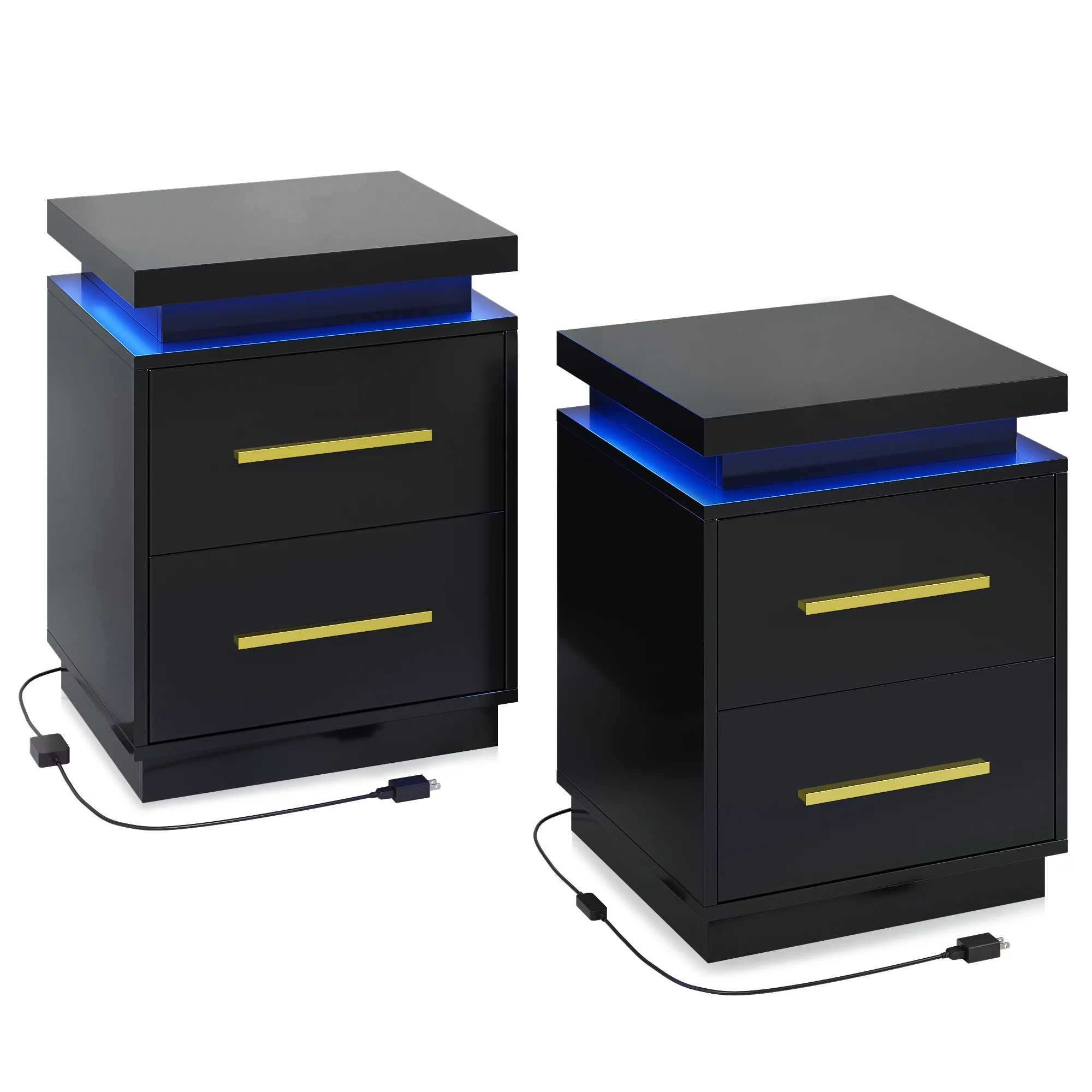 BELLEZE End Tables Set of 2, Nightstands Beside Tables with RF Remote-Controlled LED Lights, Two Drawers, and Gold Metal Handles for Bedroom or Living Room - Zoey (Black)