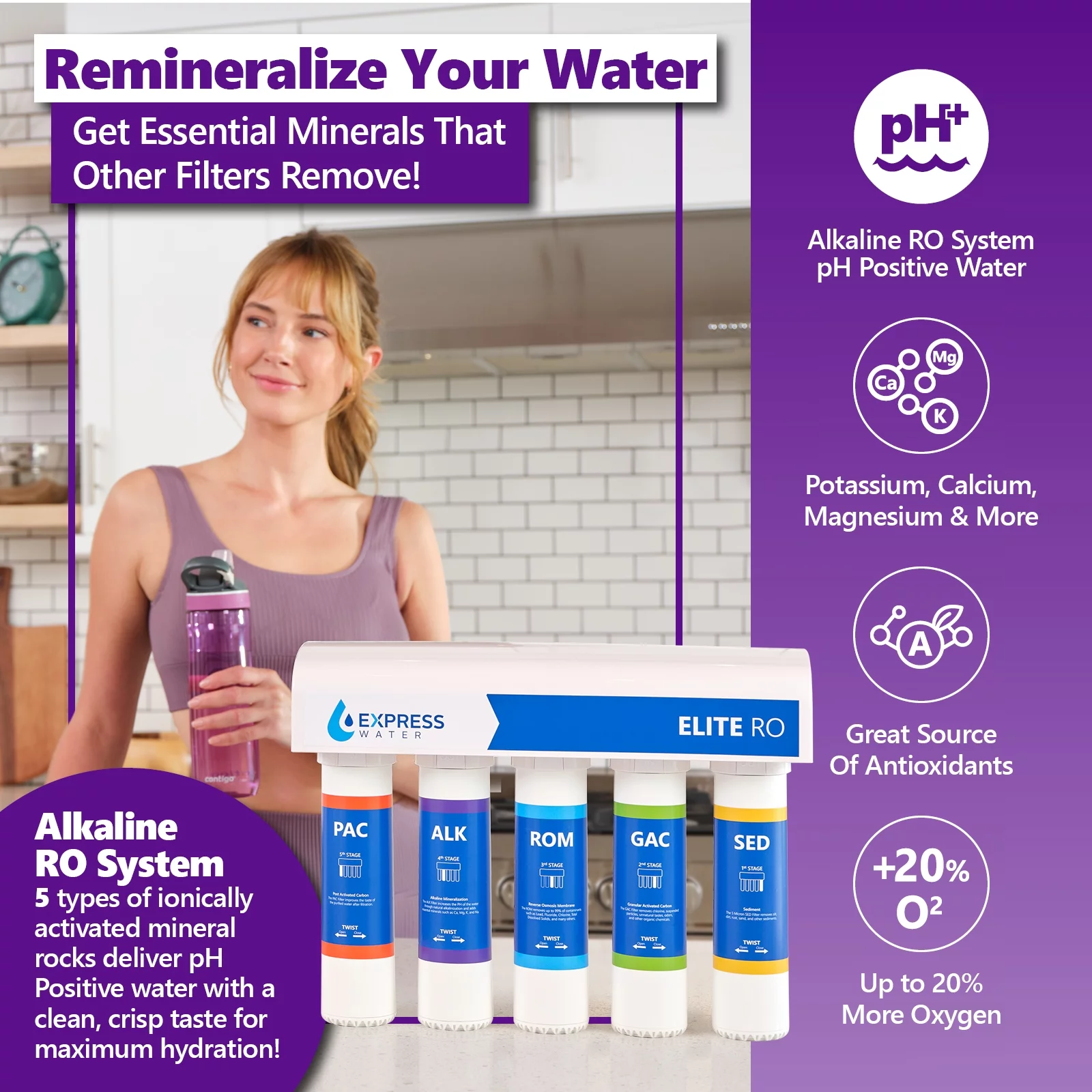 Elite Reverse Osmosis Alkaline Water Filtration System - Quick Twist Filter Change - 9 Stage RO Water Filter - Under Sink Water Filter with Alkaline Filter for added Essential Minerals 100 GPD