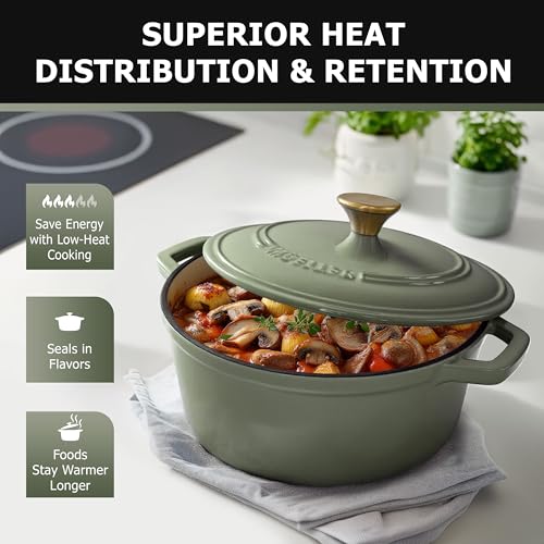 Mueller 6qt Enameled Cast Iron Dutch Oven, Heavy-Duty Casserole and Braiser Pan with Lid and Knob, Oven-Safe up to 500° F & Across All Cooktops, White