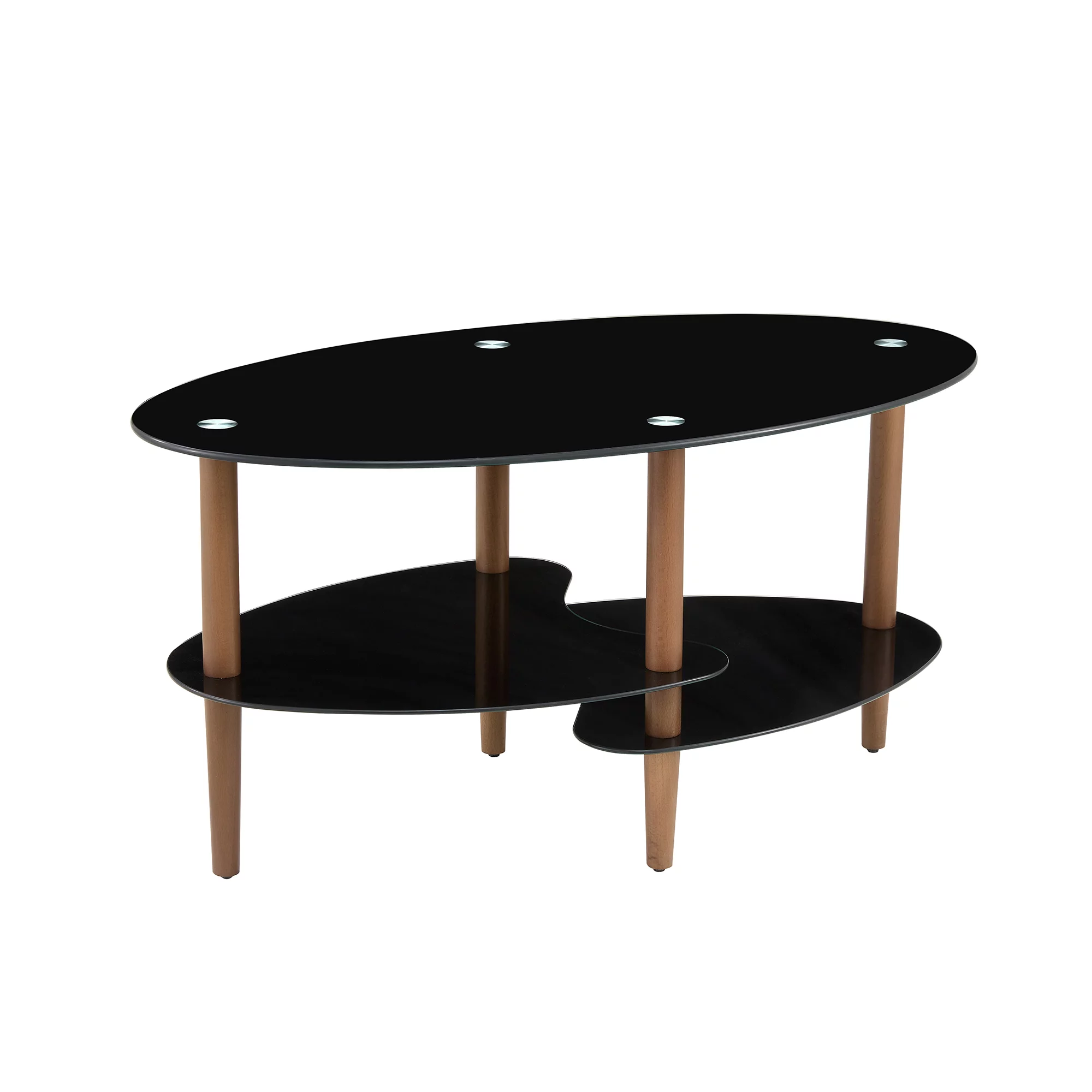 Black Oval glass coffee table, modern table in living room Oak wood leg tea table 3-layer glass table