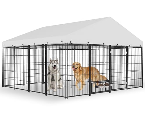 Outdoor Dog Kennel - 6.6 x 6.6 x 6.4 ft Outside Dog Kennel with Roof, Large Dog Outdoor Kennel with Rotating Feeding Bowls for Medium Small Dogs