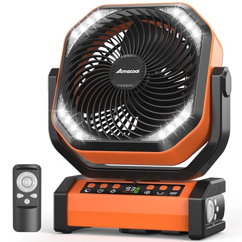 Portable Battery Operated Fan, 20000mAh Rechargeable Camping Fan, 58H Cooling, Tilt Head, 4 Speed Floor Fan with LED Light and Hook for Tent Car Travel Jobsite Fishing Outdoor Hurricane Power Outage