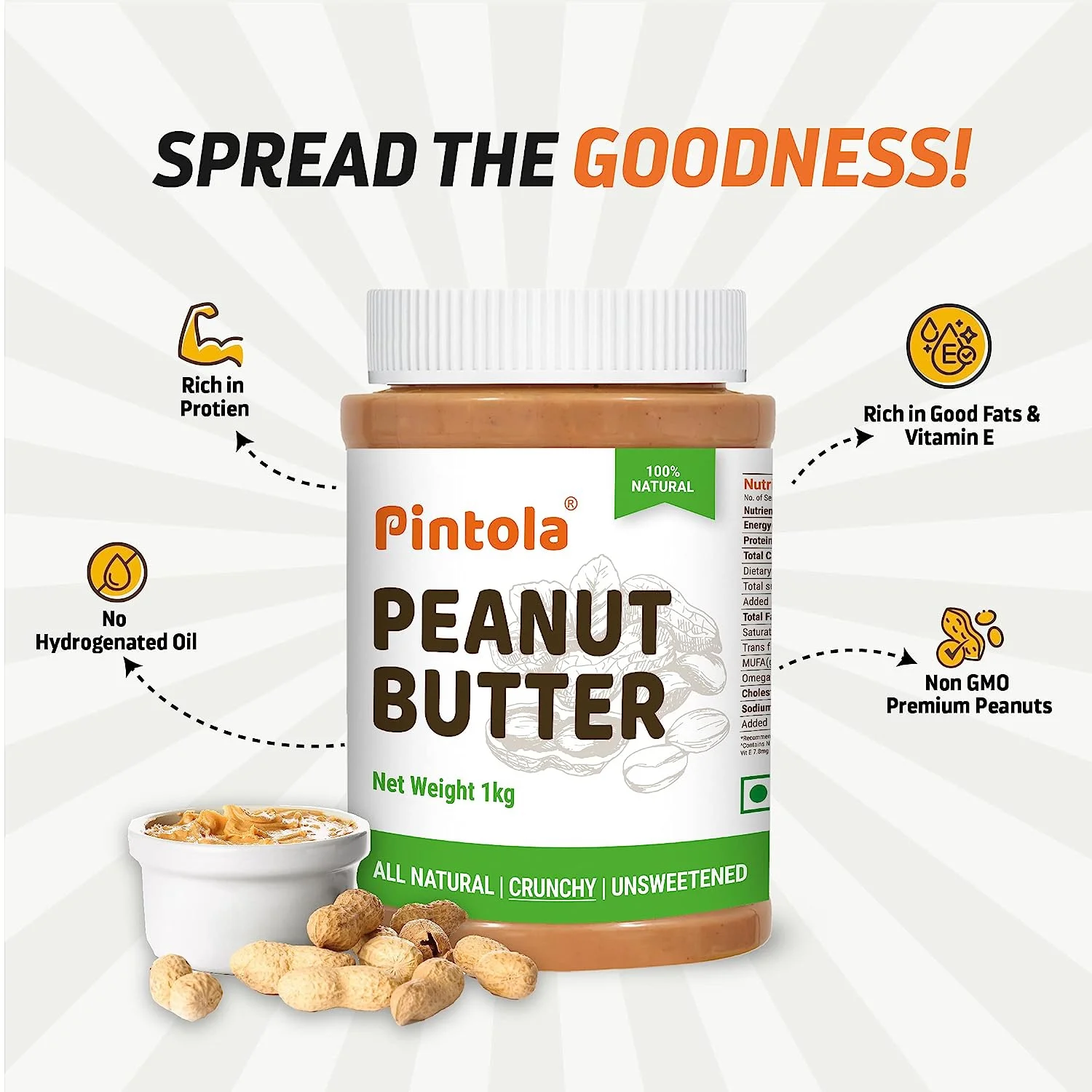 Pintola All Natural Peanut Butter Spread Vegan, Gluten Free, Non GMO, Unsweetened