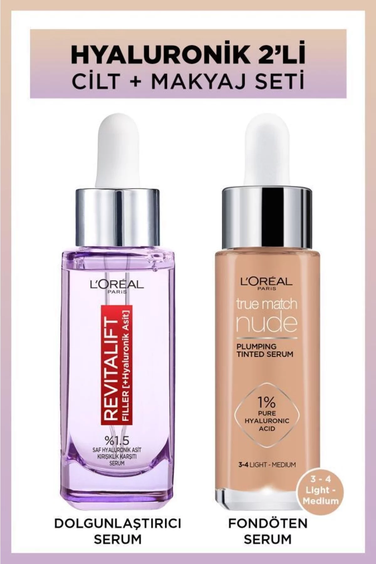 True Match Nude Foundation Serum 3-4 Light Medium & Revitalift Filler 1.5 %Pure Hyaluronic Acid Serum