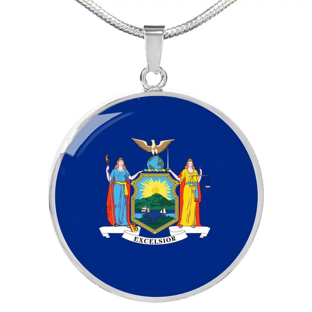 New York State Flag Necklace Stainless Steel or 18k Gold Circle Pendant 18-22