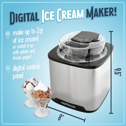 Nostalgia 2-Quart Electric Ice Cream Maker – Make Homemade Ice Cream, Gelato, Sorbet & Frozen Yogurt – No Salt/Ice Needed, Digital Controls, Mix-In Chute & Freezing Gel Canister – Stainless Steel