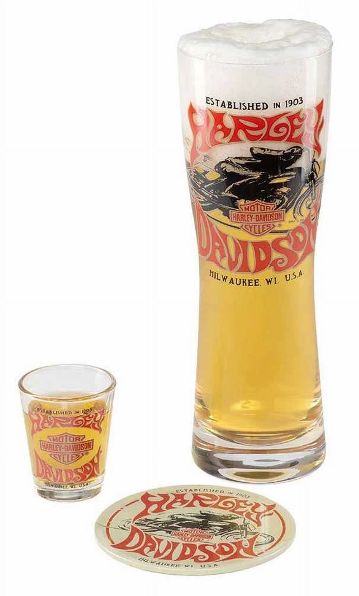 Harley-Davidson 1970s Racer Pilsner & Shot Glass Gift Set w/Matching Tin Coaster, Harley Davidson