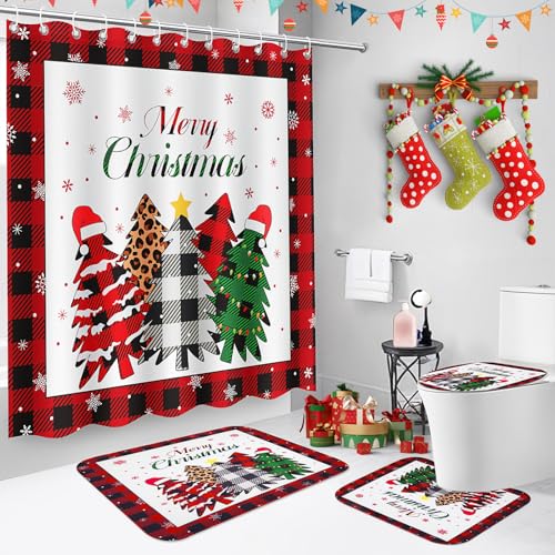 4Pcs Christmas Shower Curtain Set - Merry Christmas Bathroom Set Holiday Shower Curtain with Non-Slip Rugs, Toilet Lid Cover and Bath Mat