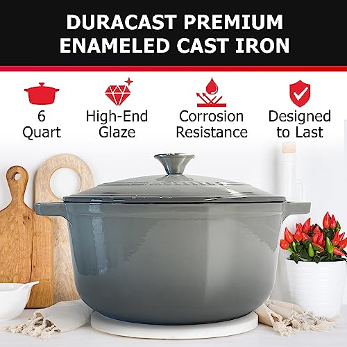 Mueller 6qt Enameled Cast Iron Dutch Oven, Heavy-Duty Casserole and Braiser Pan with Lid and Knob, Oven-Safe up to 500° F & Across All Cooktops, White