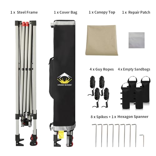 CROWN SHADES 10x10 Pop Up Canopy - Beach Tent with One Push Setup - Easy Outdoor Sun Shade for Events, Parties, Camping - Gazebo with STO-N-Go Cover Bag, Silver Coated Top, White