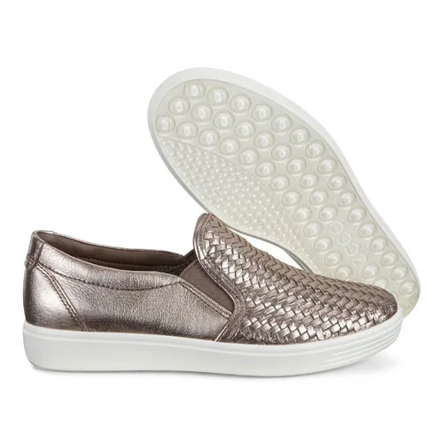 Ecco Women's Stone Metallic Leather Soft 7 Woven Slip-On Sneakers