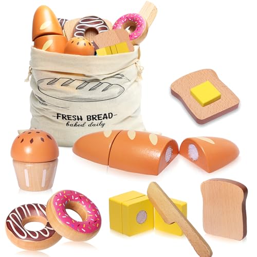 Wooden Bakery Playset Food Toys, Kids Pretend Play Food Baking Set Kitchen Accessories with Storage Bag, Pretend Play Bread Cutting Food for Boys Girls 3+