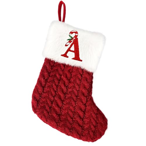 Red Dog Christmas Stocking with Pawprint, 8 Inches Mini Embroidered Monogram Plush Knitted Stockings, Small Personalized Xmas Stocking for Pet Christmas Decoration Ornaments