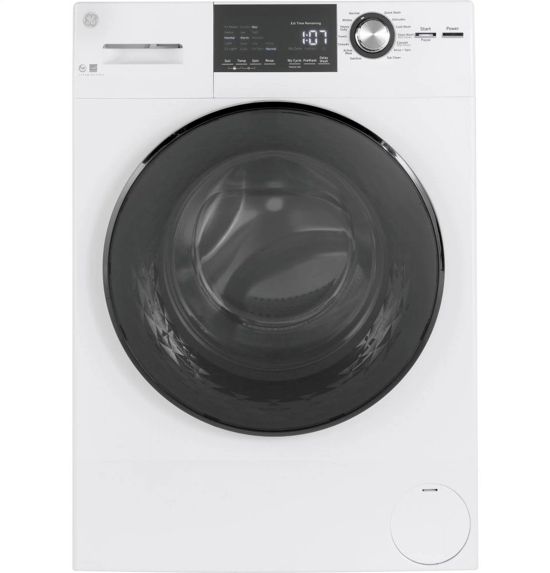 GENERAL ELECTRIC GFW148SSMWW 24 Frontload Washer with Steam 2.4 cu. ft. Capacity Plugs into Dryer or Wall Energy Star Electronic Touch Controls in White