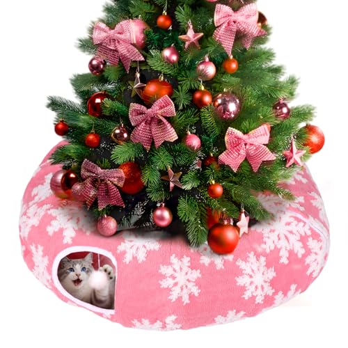 Cat Tunnel Christmas Tree Skirt for 5-7.5ft Trees - Prevent Christmas Tree Falling, Snowflake Patterns Warm Soft Cat Tube Bed with Anti-Slip Mat
