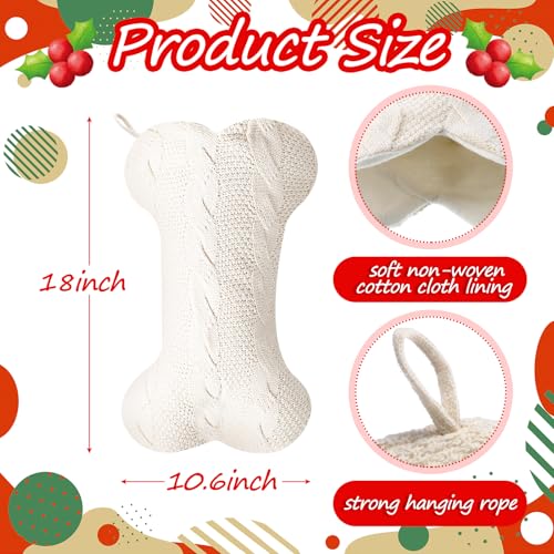 4 Pack Dog Christmas Stockings 18 Inch Large Double Side Knitted Socks Boho Farmhouse White Gray Beige Bone Shape Hanging Dog Christmas Stockings for Fireplace Xmas Party Dogs Pets