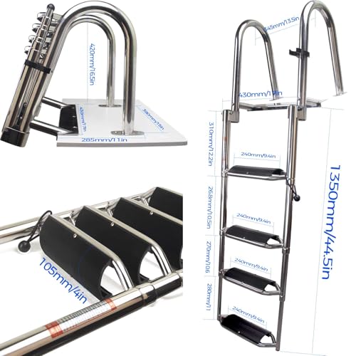 4-Step Heavy-Duty Stainless Steel Pontoon Boat Ladder with Extra Wide Steps & Handrails | Telescoping Folding Rear Entry Ladder, 600lbs Capacity, Marine-Grade 316 Stainless Steel