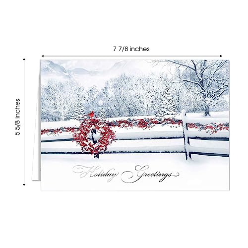Masterpiece Holiday Greetings Trimmed In Scarlet Christmas Cards / 16 Boxed Snowy Cardinal Wreath Holiday Cards With Silver Foil Lined Envelopes / 5 5/8