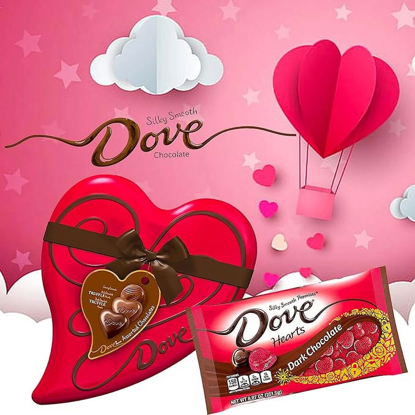 CANDYMAN Valentine Day Bundle with (1) DOVE Chocolate Candy Assortment Heart Tin and (1) Dark Chocolate DOVE Bag